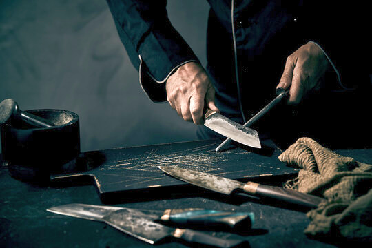 man sharpening old Japanese kitchen knives in a rustic kitchen